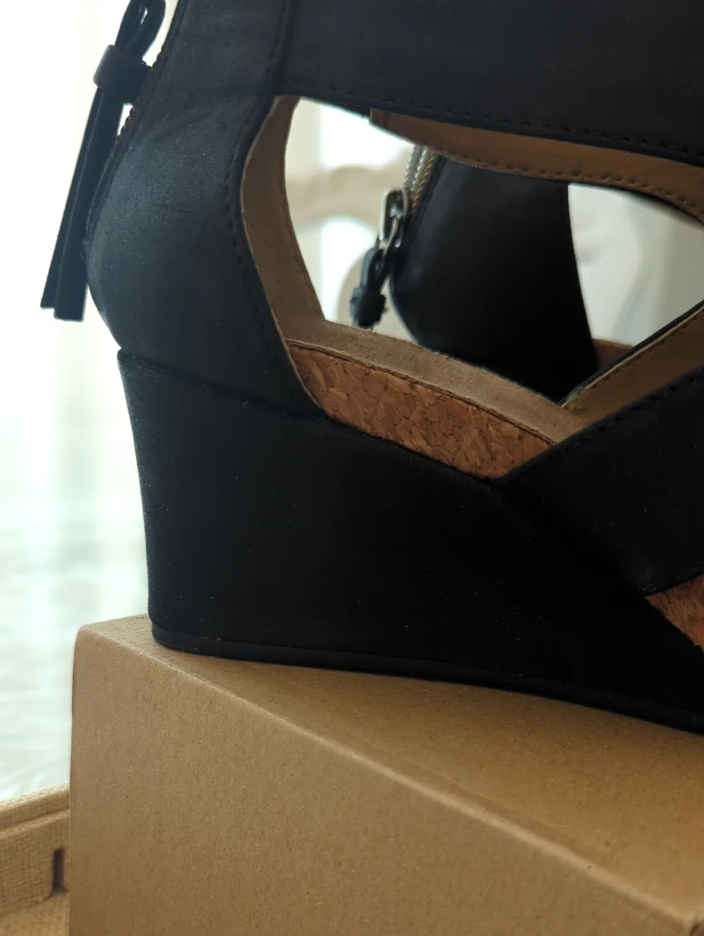 Adrienne Vittadini Black Tricia  Wedge Sandals Back Zip Cork Plataform 6.5